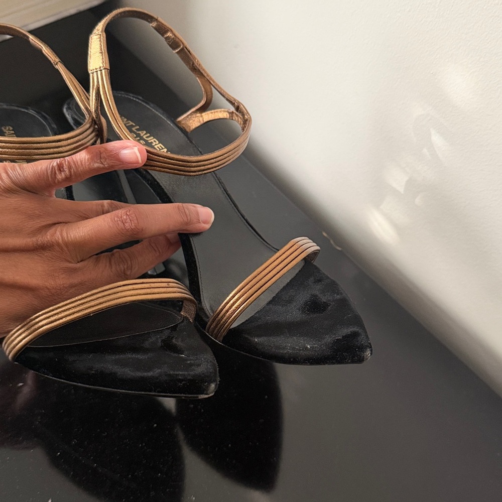 Saint Laurent Black and Gold Strappy Heels - Picture 10 of 10